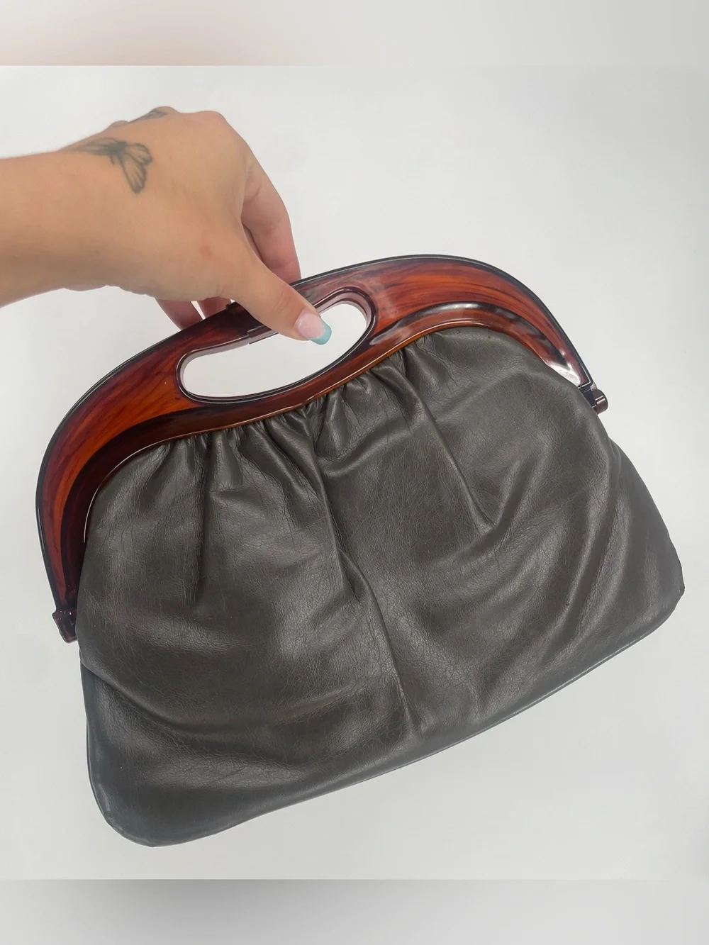 Vintage Gray Slouchy Handbag Clear Brown Tortoise Shell Lucite Frame Leather